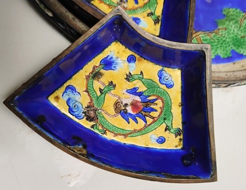 VTG Chinese Enameled Cloisonne Medallion Sweet Meat Sauce Serving Dish Set 6" - Afbeelding 9 van 19