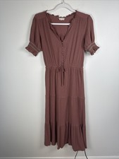 Hem & Thread Dusty Rose Tiered Henley Ruffled Puff Sleeve Cottagecore Dress Sz M