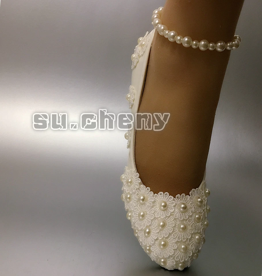 su.cheny кружева белый слоновой кости жемчуг плоскостях низкий высокий каблук насосы свадьбы свадебные туфли - Изображение 3 из 4