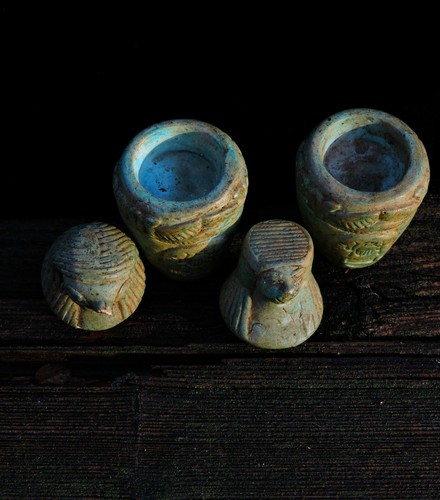 Vintage Canopic Jar Faience Set Qebehsenuef Falcon God & Hapi Baboon God Statues - 第 4/8 張圖片