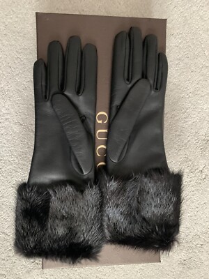 Gucci Official Genuine Fur Trimmed Leather Gloves Black Size 7 | eBay