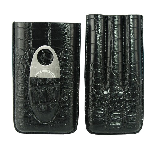 PU Leather Case Cigar Storage Carry Travel Case with Cigar Cutter BLACK Croc 43b - Picture 5 of 7