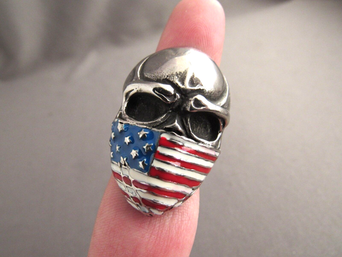 ANILLO GRUESO DE ACERO INOXIDABLE CALAVERA BANDERA AMERICANA CALAVERA MOTOCICLISTA - Imagen 2 de 8