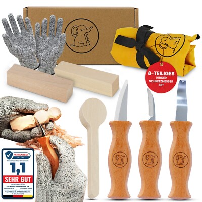 Eli Schnitzmesser Kinder Set inkl Handschuhe 3 Messer 3 Schnitzholz und Tasche