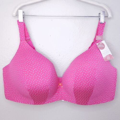 Cacique Uplift Plunge Bra 48DDD Pink White Polkadot Fuchsia Simply Wire Free NEW