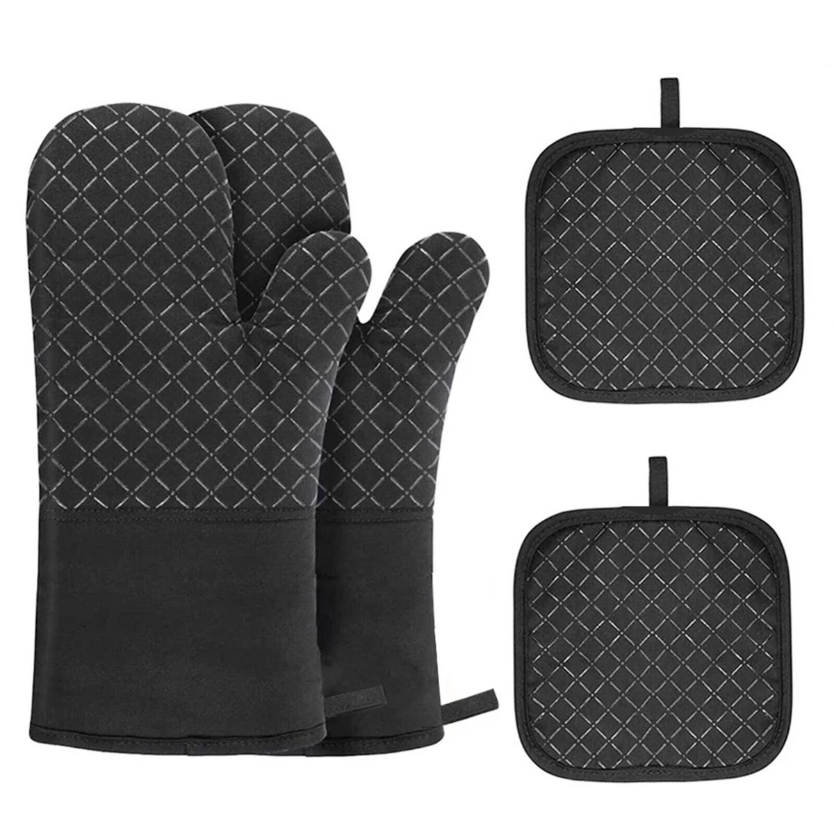 New! (Set of 2) KitchenAid Pot Holder Oven Mitt Gloves - Black Cotton  Silicone