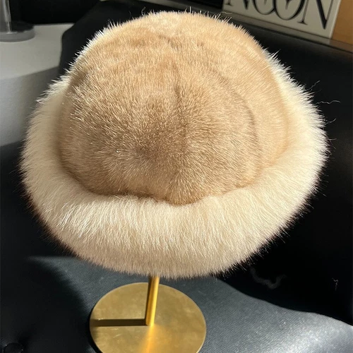 Women's Real Mink Fur Hat Bucket Hat Bowler Hat Warm Cap W Fox Fur Outdoor - Picture 11 of 44