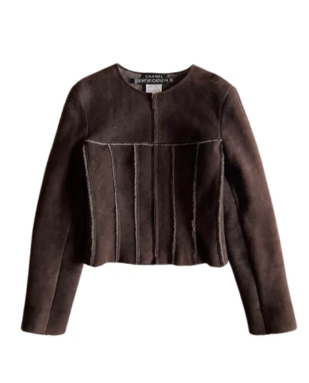 Giacca shearling CHANEL pelle marrone senza colletto SS1999 donna taglia 38