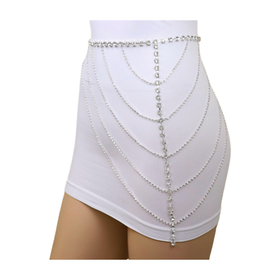 Women Silver Metal Chain Wave High Waist Belt Rhinestones 