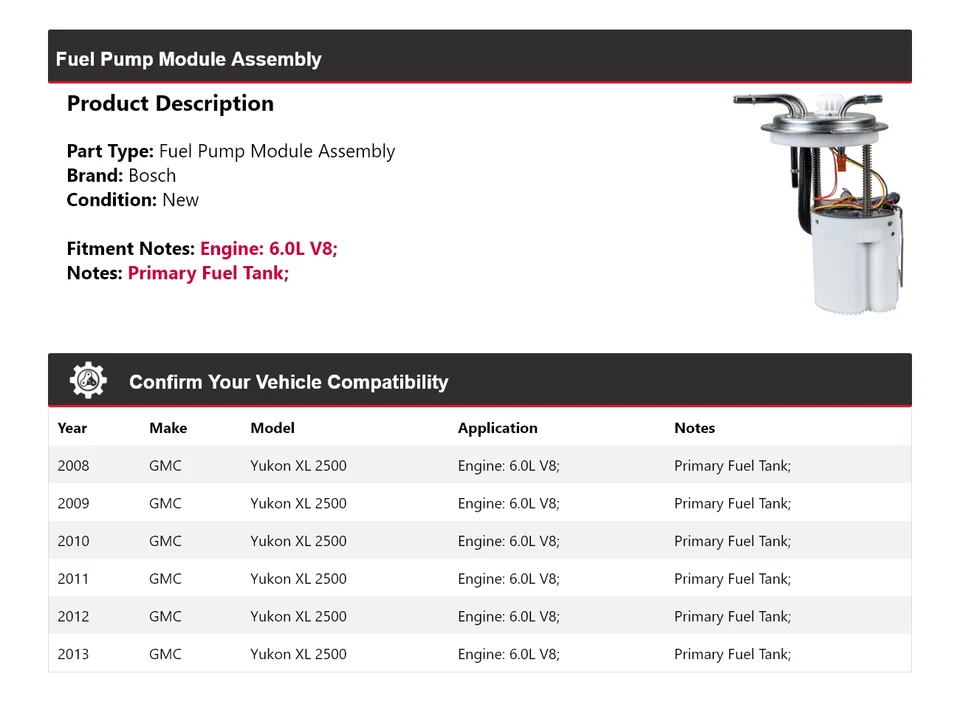 For 2008-2013 GMC Yukon XL 2500 6.0L V8 Bosch Fuel Pump Module Assembly 2009 - Image 2 of 4