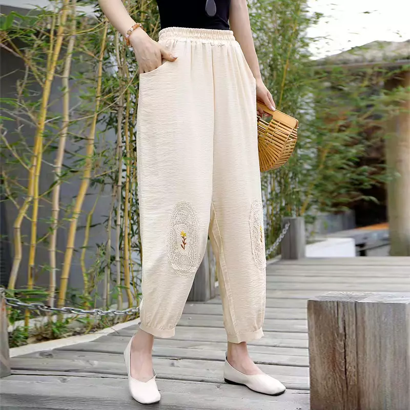 Women Chinese Embroidery Harem Pants High Waist Cotton Linen