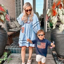 RHODE Resort Jaques Yacht Stripe Dress in Blue White Mini Puff Sleeve Sz Medium