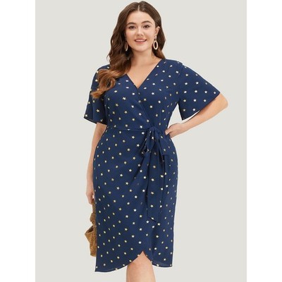 Bloomchic Blue Plus Size 3X 22-24 Gold Star Wrap Midi Dress with Pockets |  eBay