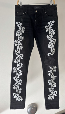 AMIRI Skinny Black Denim Jeans White Floral Painted Distressed 5-Pocket Sz 33