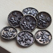 Antique Floral Metal Buttons Set Victorian Repouss&eacute; Shank back hammered relief