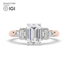 Emerald Diamond Trilogy Ring 14k Rose Gold Labgrown 3.50 Ct Solitaire