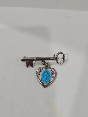 Blue Enamel Guilloche Miraculous Virgin Mary key shape brooch heart Medal