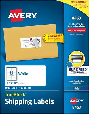 TrueBlock(R) Shipping Labels Inkjet 2x4in labels White 10-up 100-sheets 1000/BX