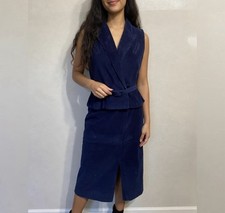 Vintage corduroy 3 piece set Navy Blue Women's vest and skirt with belt Small
