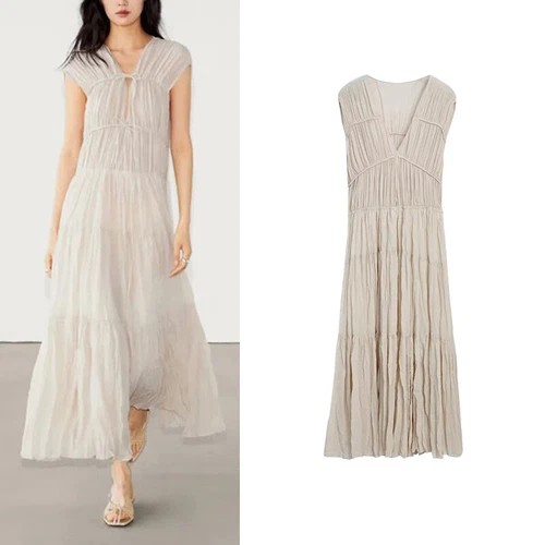 OFF WHITE Abito donna Massimo Dutti plissettato manica volante senza schiena