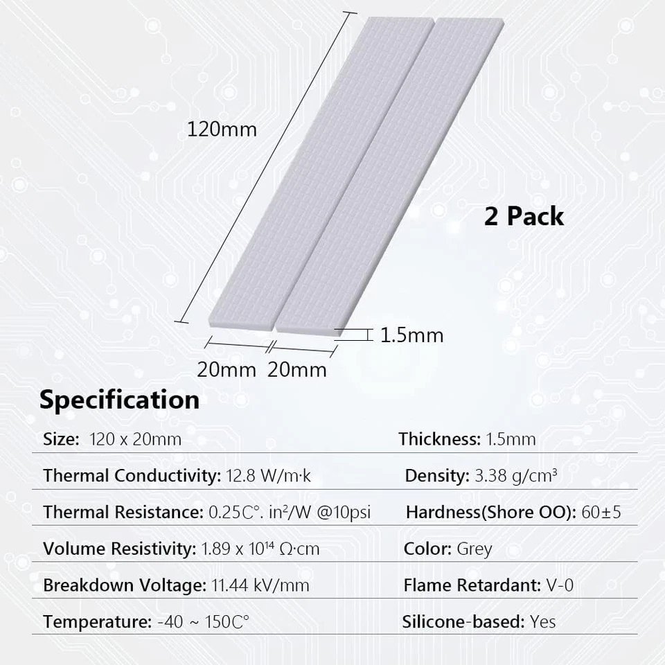 2 Thermal Pads 120x20mm High-Performance Heat Transfer for SSD, GPU & PC Cooling - Image 3 of 4