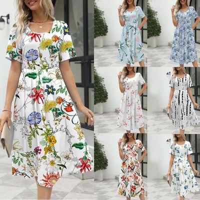 Plus Size Women Boho Floral Midi Dress Ladies Holiday Summer Pockets Sundress