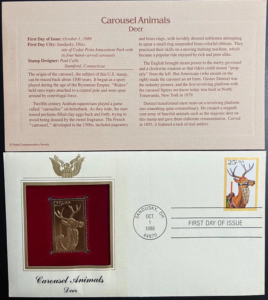 Carousel Animaux Chevreuil Premier Jour #2390 Pcs Feuille D'Or 1988 Sandusky Oh - Photo 1/1