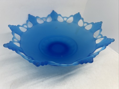 Vintage 11” Pedestal Bowl Blue Frosted Glass Westmoreland Mid-Century Ornate Rim - Picture 2 of 4