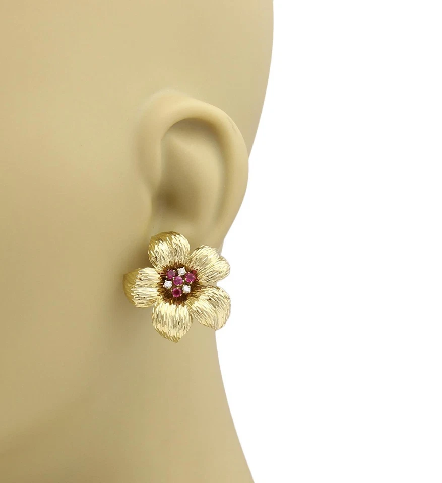 Tiffany & Co. Diamond Ruby 18k Yellow Gold Flower Post Clip Earrings - Image 2 of 4