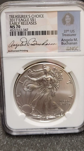 2017 Silver Eagle $1 Treasurer's Choice Angela Buchanan NGC MS70