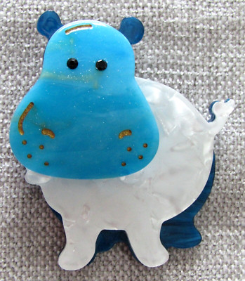 Hippopotamus Hippo 3D Acrylic Brooch Pin Blue/White Excellent Quality - Style #2