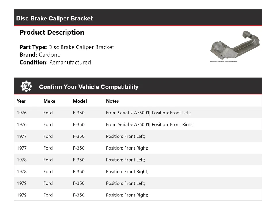 For 1976-1979 Ford F-350 Disc Brake Caliper Bracket Cardone 1977 1978 - Image 2 of 4