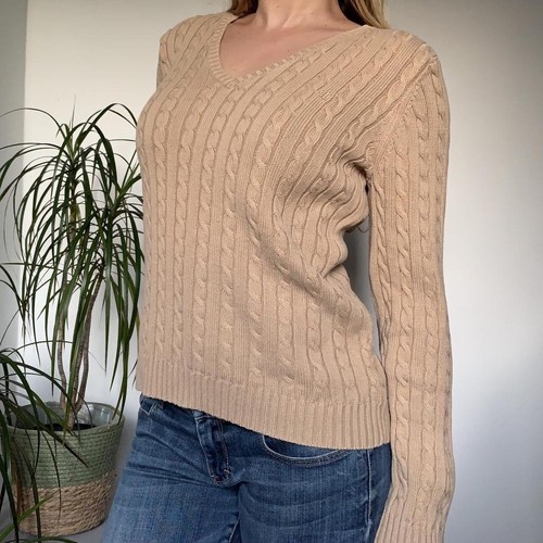 Lauren Ralph Lauren tan cotton cable knit v neck jumper, LRL logo, size M - Picture 5 of 8