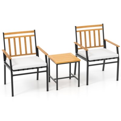3PCS Patio Outdoor Conversation Furniture Set Acacia Wood With Curved Backrest