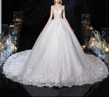 Vestido de novia Reino Unido talla grande blanco marfil lentejuelas tul cuello alto línea A talla 6-26