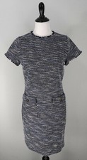 Ann Taylor Loft Blue White Fringe Pocket Short Sleeve Textured Sheath Dress 8P