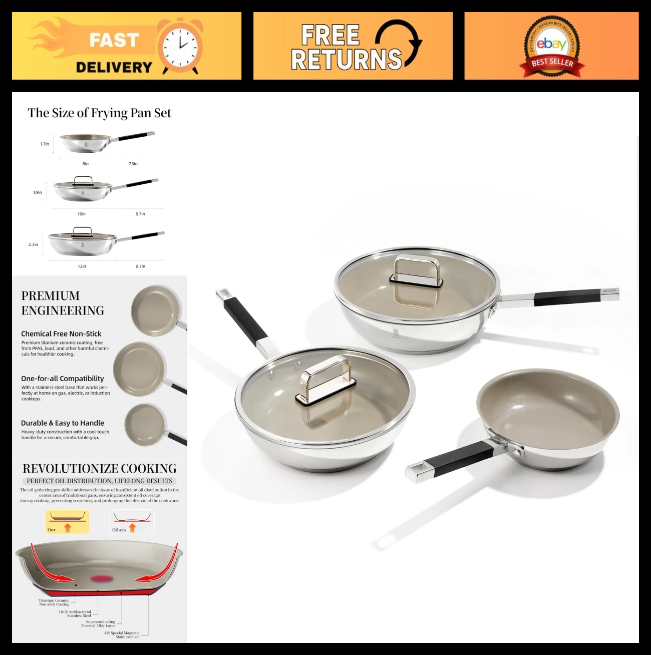 Stainless Steel Non-Stick Cookware Set - Titanium Ceramic Fry Pans 8", 10", 12"