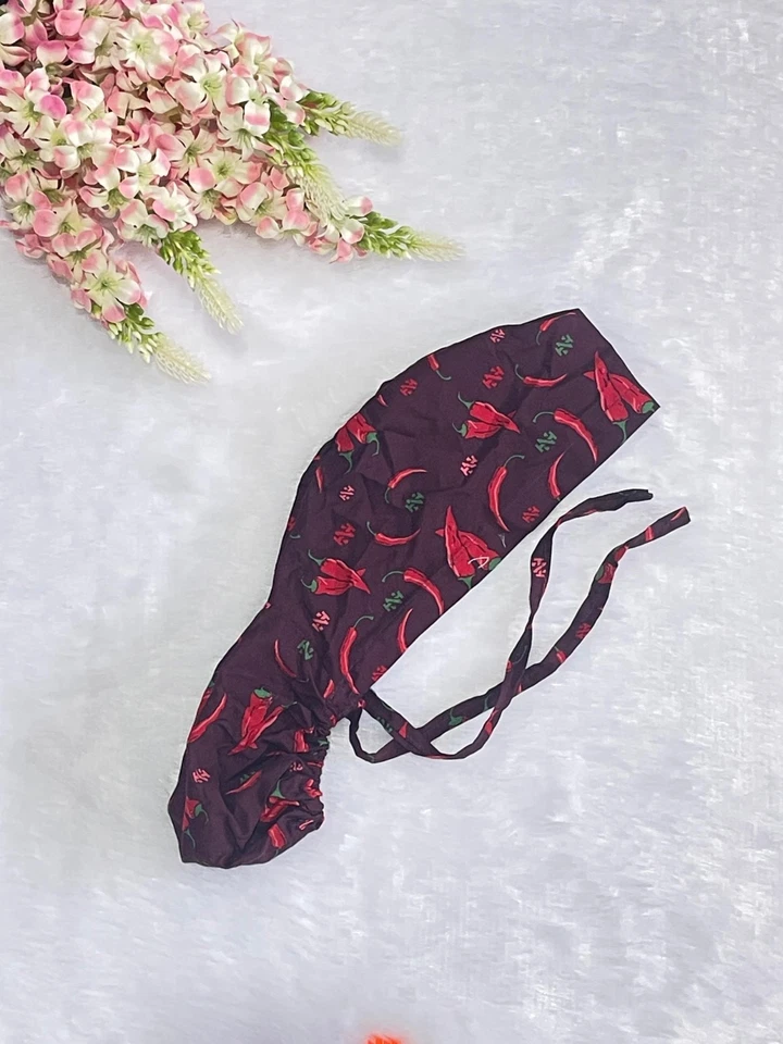 Chili Print Ponytail Scrub Cap: Satin Lined Surgical Hat, Hats For Women - Image 3 of 4