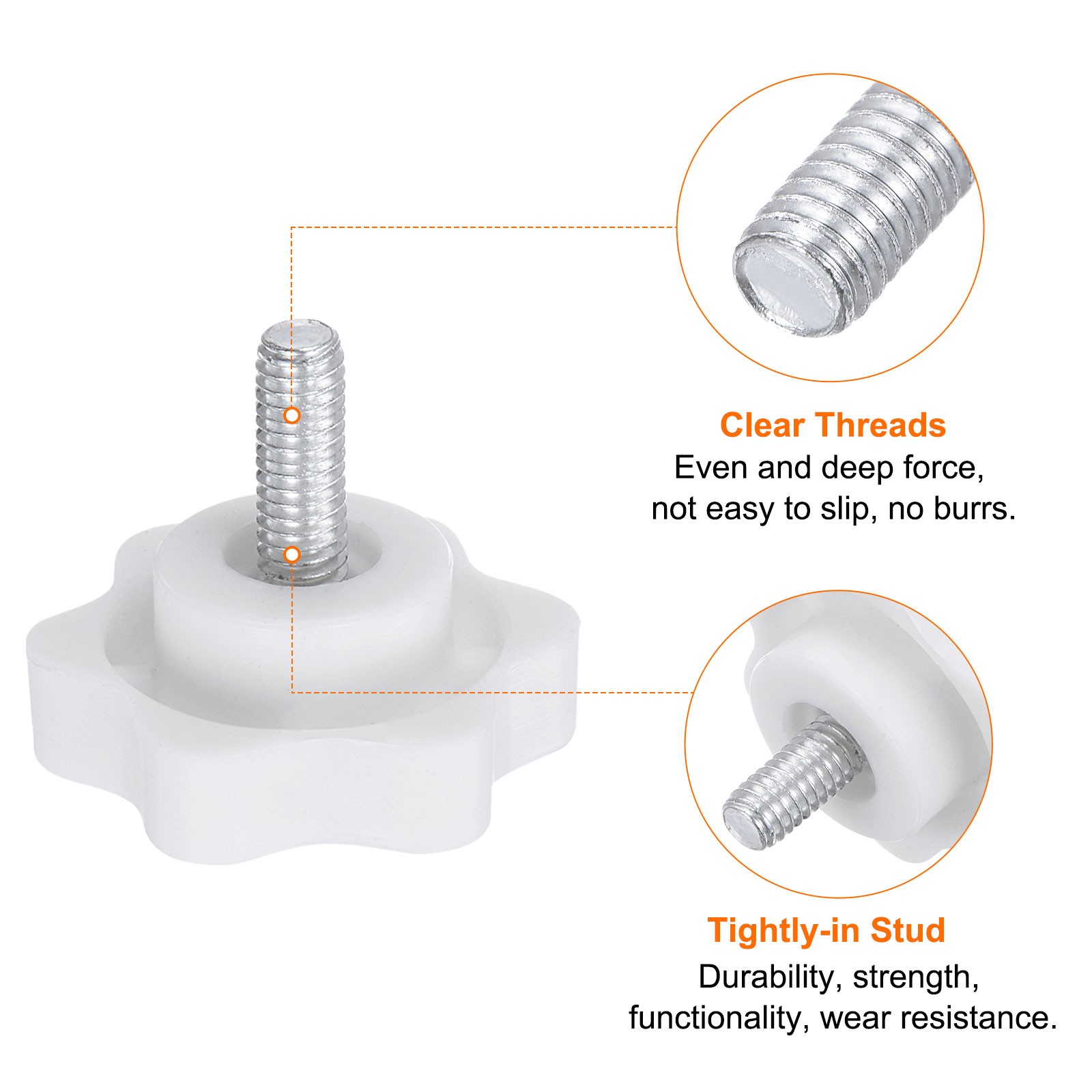 10pcs Star Knob M4 x 12mm Thread 25mm 6-Point Head Stud Hand Clamping Knob White