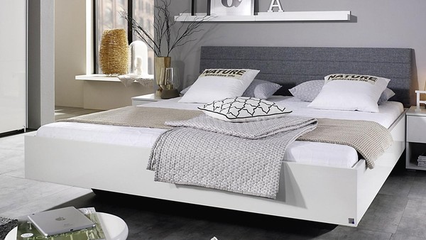Bett 180X200 Weiß Hochglanz Halle Polster Stoff Grau Bettgestell Doppelbett-image