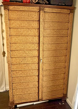 British Colonial Style Bamboo & Rattan Armoire with Arched Crown