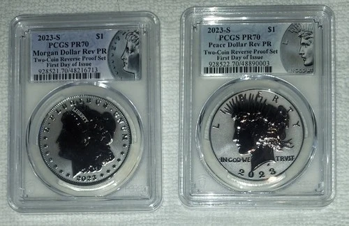 2023-S PCGS PR70 Morgan Peace Dollar Reverse Proof Set First Day of Issue OGP