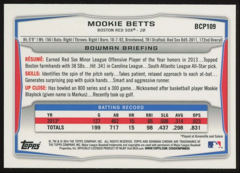 Mookie Betts Rookie #BCP109 2014 Bowman Chrome Boston Red Sox 1st Bowman Card - Image 2 of 4
