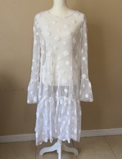 Giovanna Signature White Polka Dot Lace Mesh Dress Bell Sleeve Tiered Midi Sz L