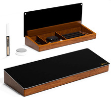 Desktop Black Glass Dry Erase Board with Wood Organizers for Small Office Suppli