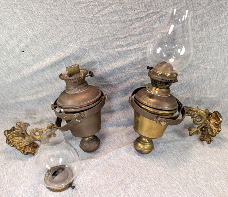 Antique Pair of Brass & Copper Nautical Gimbal Lamps w/ Dolphin Serpent Brackets
