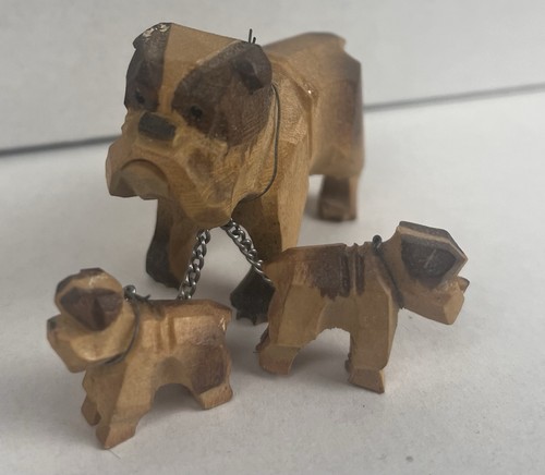 Vintage English Bulldog Dog Figurines Carved Wood Mom 2 Puppies Chain Dogs Small