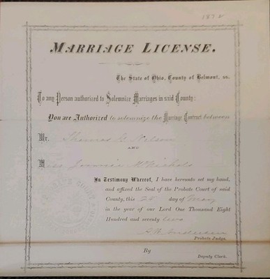 Antique 1872 Marriage License Certificate County of Belmont Ohio Embossed Seal N