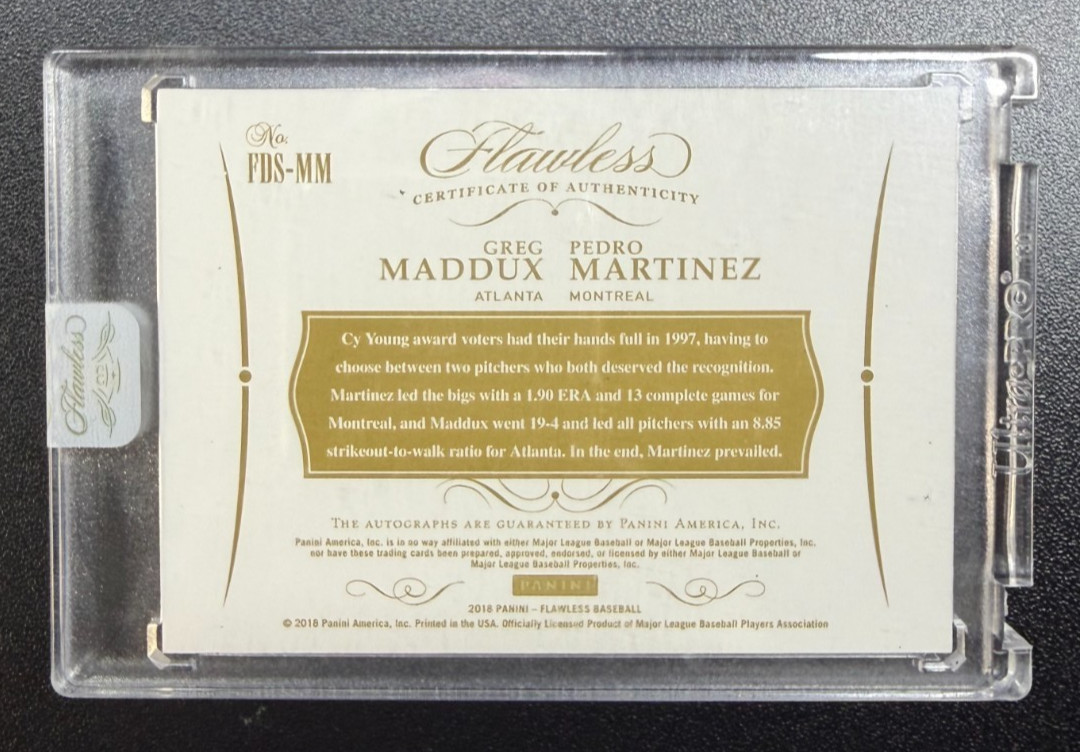 2018 Panini Flawless Greg Maddux & Pedro Martinez Dual Auto Ruby #/7 On Card view 2