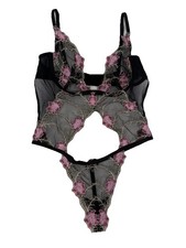 Fredericks of Hollywood Pink Black Lace Flower Teddy Lingerie Women's Medium